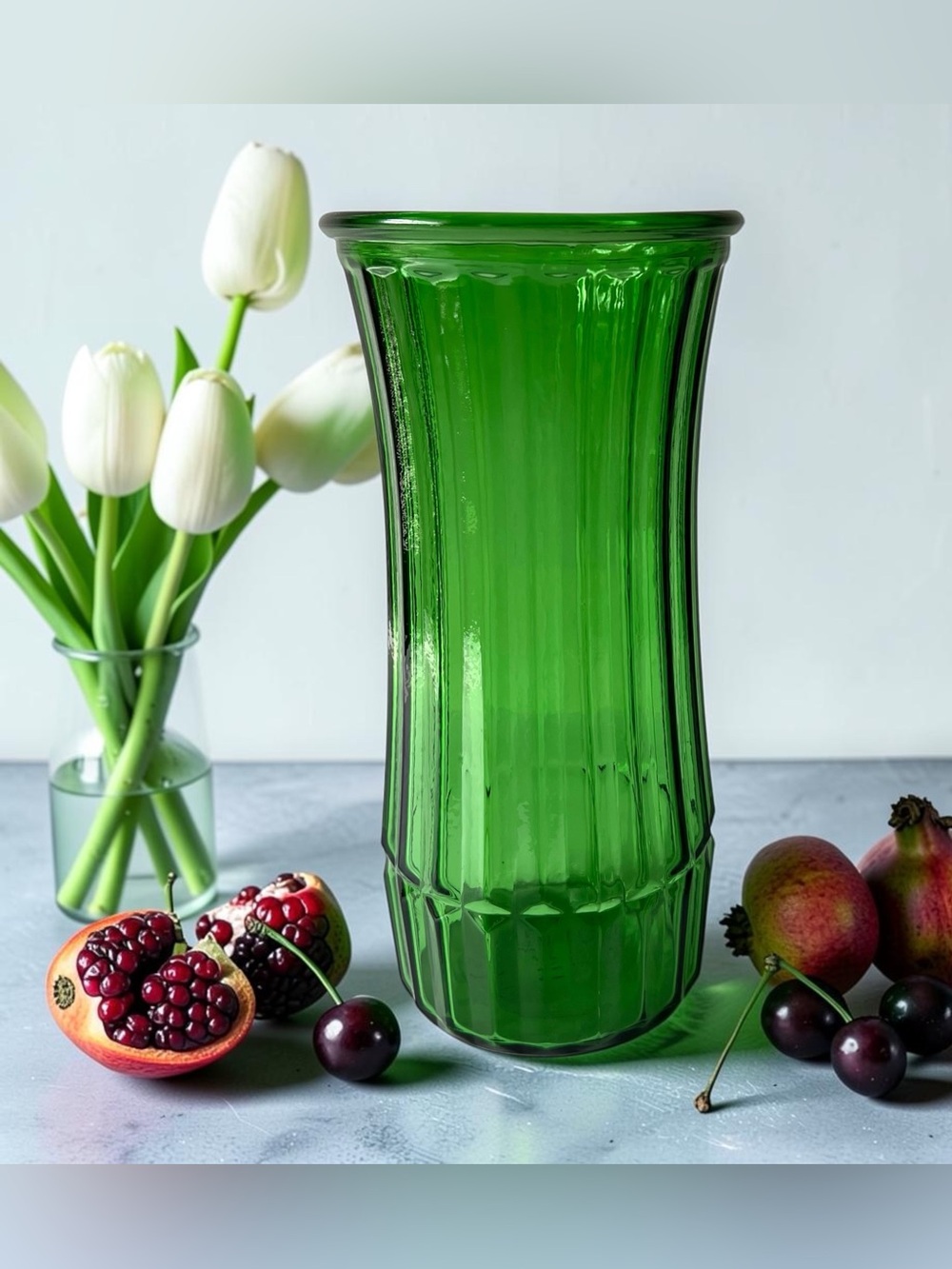 Vintage MCM Hoosier Glass 4089-C Emerald Green Ribbed Glass Florist Vase 9.75"H